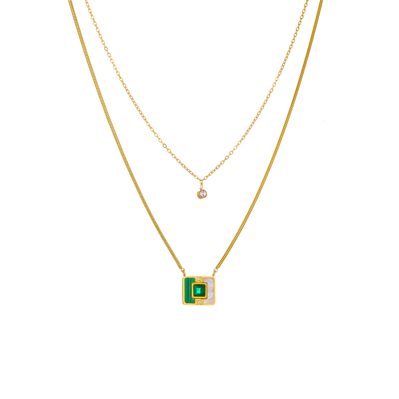 A fashionable and niche design of double-layer stacked titanium steel gold-plated chain square pendant accessory necklace from Europe and America Item Picture