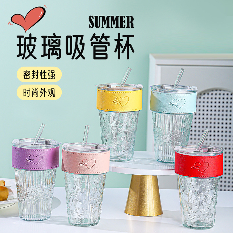 A light luxury and simple glass cup with a high appearance level, a new bamboo joint cup, transparent with a cup sleeve, heat-insulating and anti-scald dual-drinking cup full figure