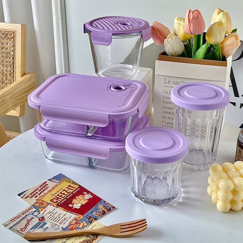 Wholesale of Bolimei purple InS-style high borosilicate glass lunch boxes, microwave oven divider rice lunch boxes, and fresh-keeping bowls full figure