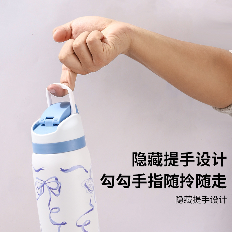 New cross-border insulated cup, outdoor portable sports water bottle, 304 stainless steel hand-held straw, bouncing cup Specification drawing