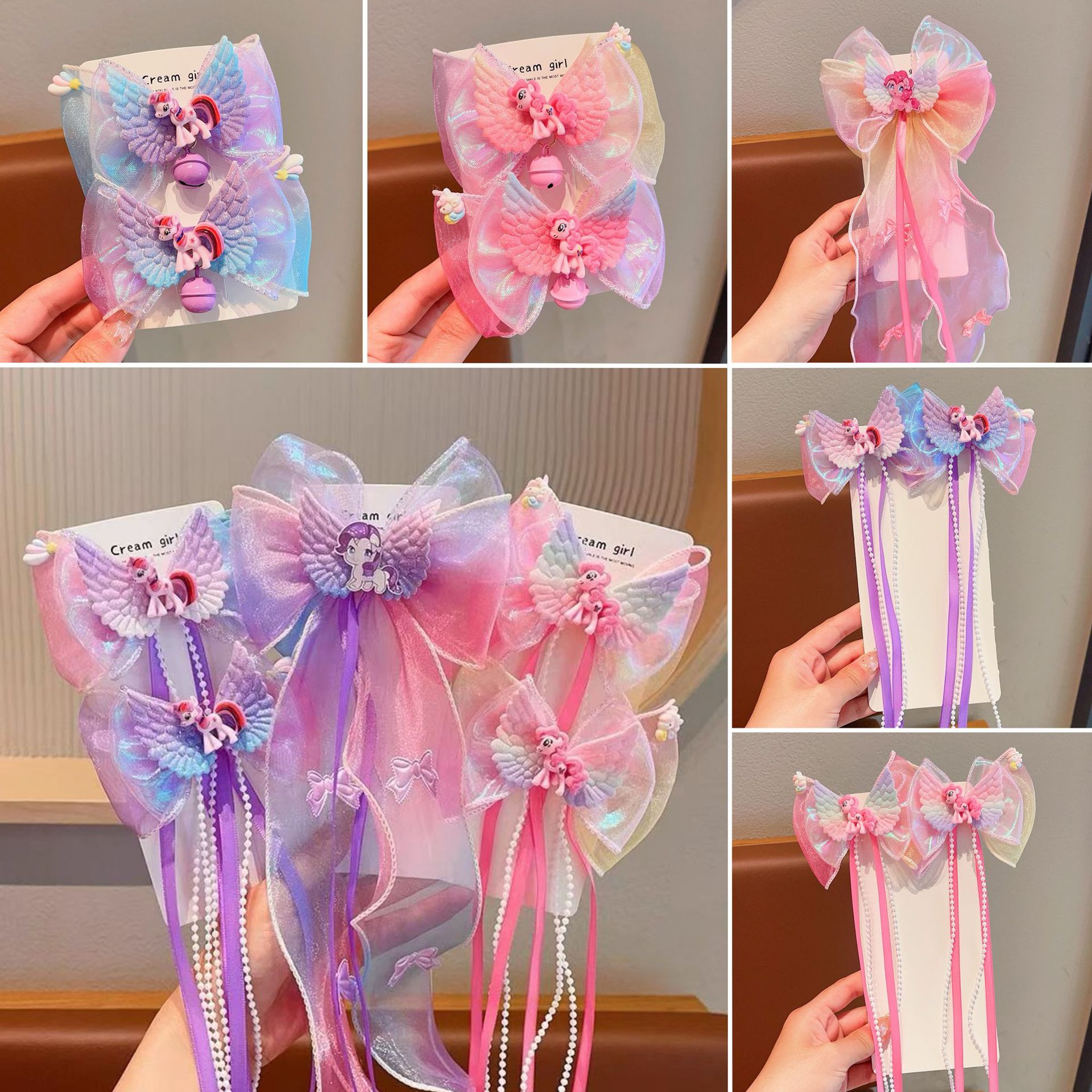Children's pearl mesh gauze float cartoon super fairy princess ribbon braided hair headwear, little girl bow hair clip hair accessory full figure