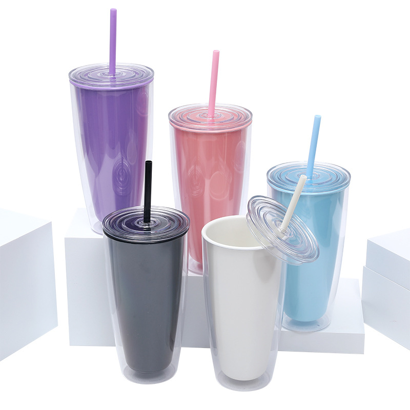 New double-layer plastic straw cup, 750ml simple milk tea cup, large-capacity household drinking water cup, directly supplied by the manufacturer Specification drawing