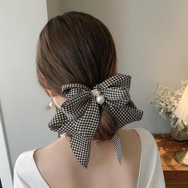 French retro oversized bow spring clip, elegant thousand-bird pattern back head top clip, versatile and elegant hairpin for spring and summer Specification drawing