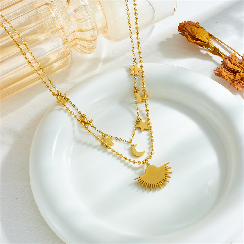 European and American fashion retro sun, star and moon pendant collarbone chain, gold-plated titanium steel double-layer stacked necklace details Picture