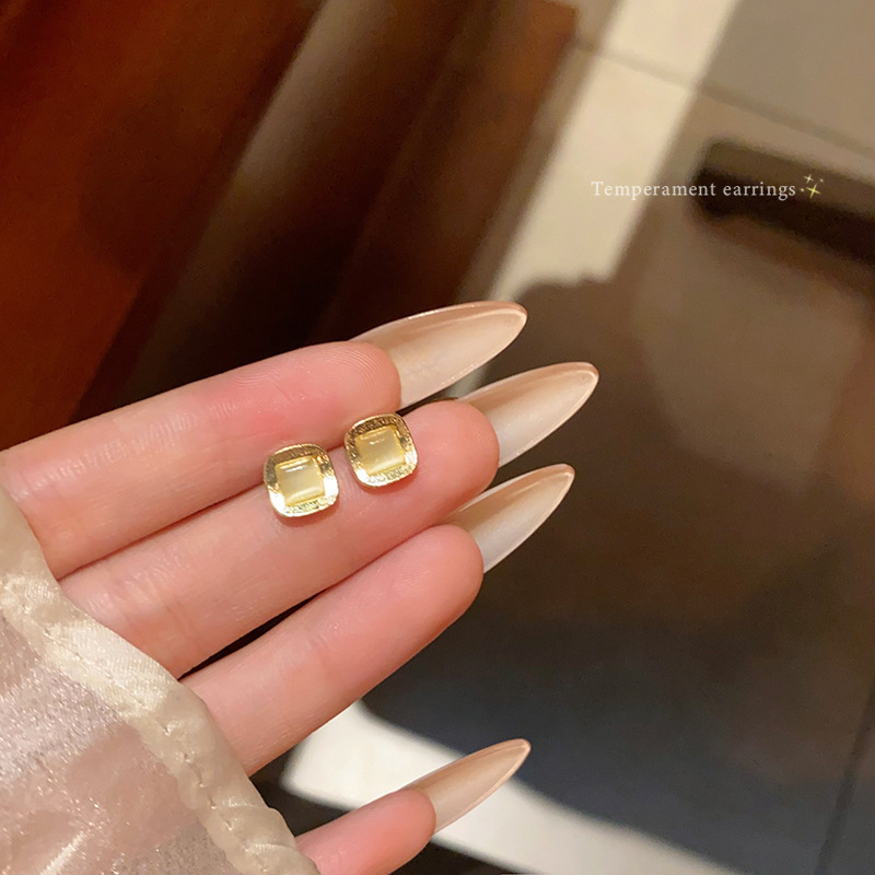 Simple and elegant geometric cat's eye stud earrings, trendy and versatile square earrings for women on Instagram, 925 silver needle earrings full figure