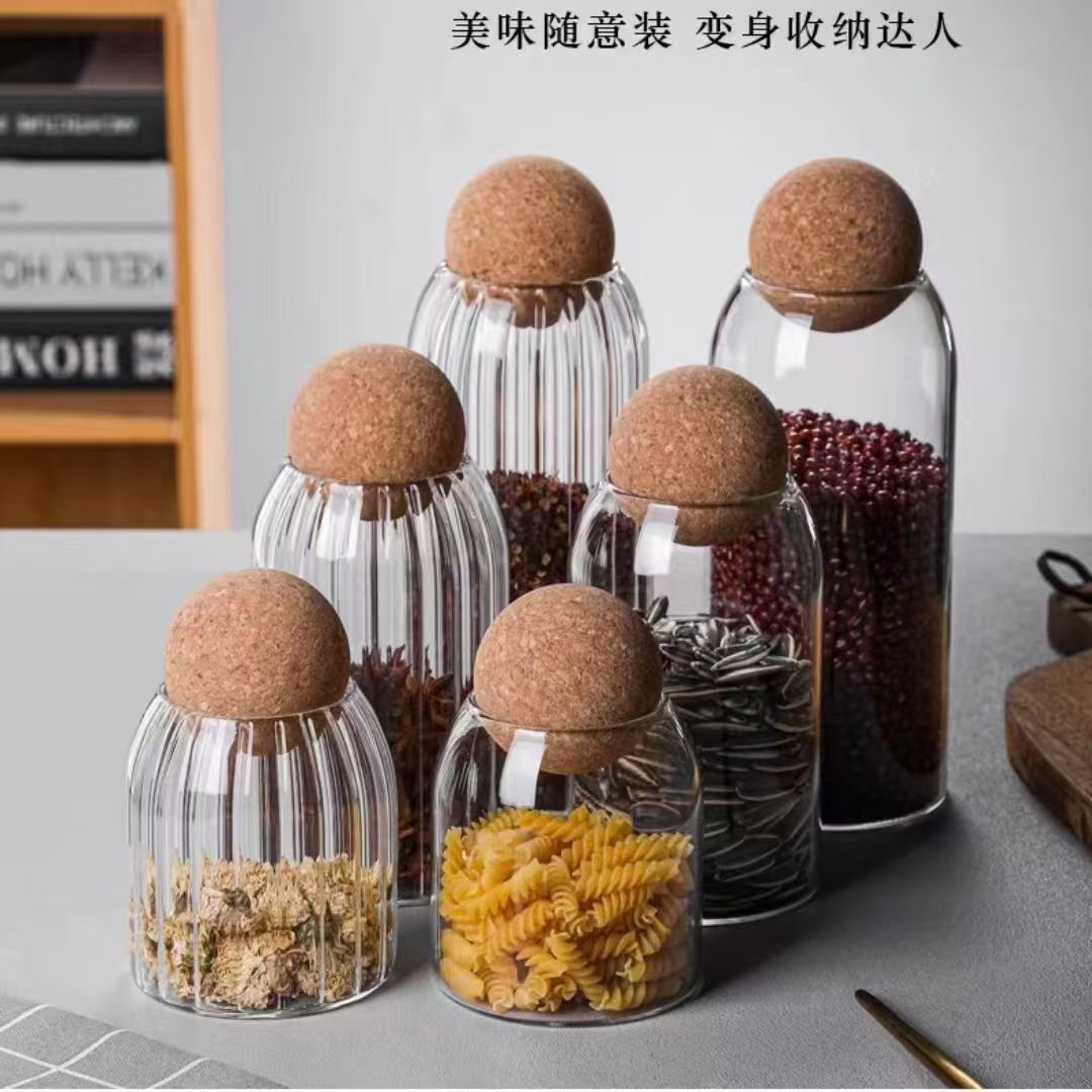 Round wood ball high-temperature resistant glass storage jar, tea sealed jar, high borosilicate transparent household moisture-proof grain storage bottle Specification drawing
