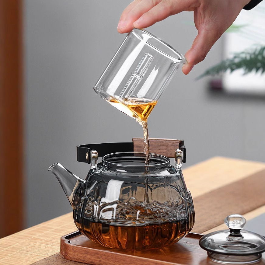 High borosilicate high-temperature resistant glass lotus handle teapot, glass steaming and boiling integrated teapot, large-capacity office brewing teapot Specification drawing