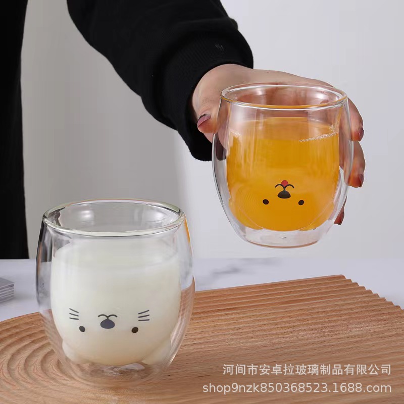Customized high-temperature resistant double-layer glass water cups, creative cartoon transparent milk cups, cute printed cups, high borosilicate Specification drawing