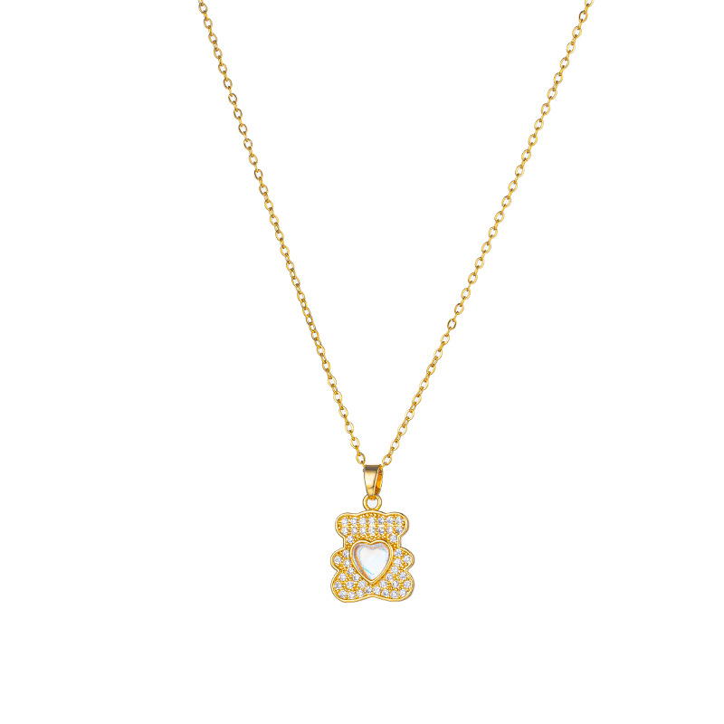 Wholesale of Japanese and Korean fresh and colorful heart-shaped bear pendant titanium steel necklace, women's niche light luxury high-end collarbone chain Item Picture
