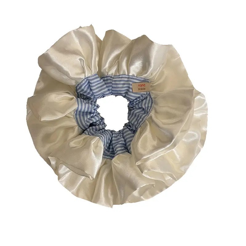 Korean-style oversized blue striped satin large intestinal hair band, a laid-back and stylish bun hair accessory for girls Item Picture