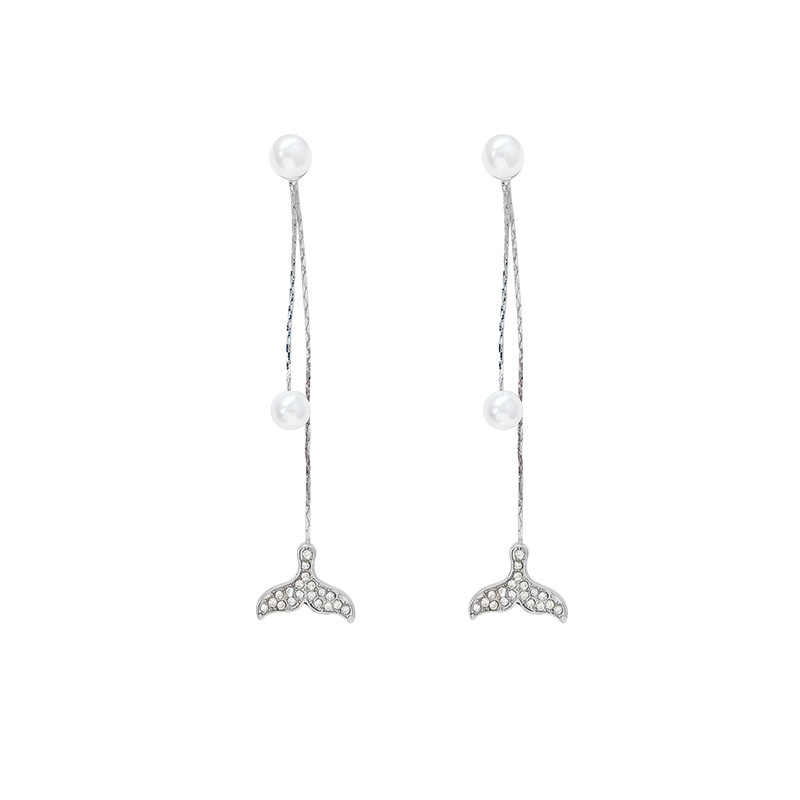 Two-piece earrings suitable for round faces, fish tail tassels, pearl stud earrings, women's light luxury, high-end style, elegant and grand earrings Item Picture
