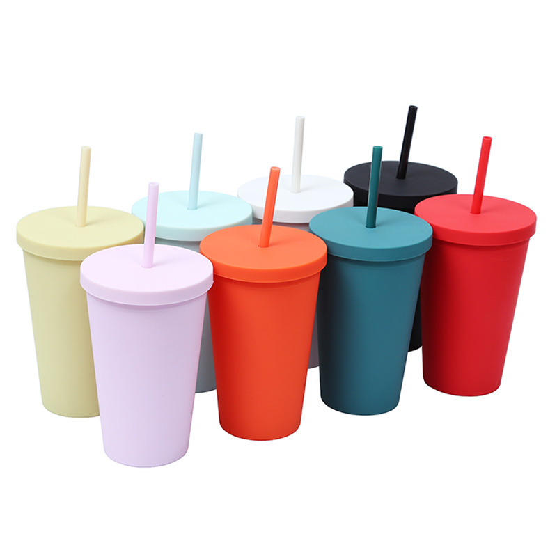 Amazon's new modern and simple flat-lid water cup, a popular matte cartoon portable 16oz double-layer straw cup full figure