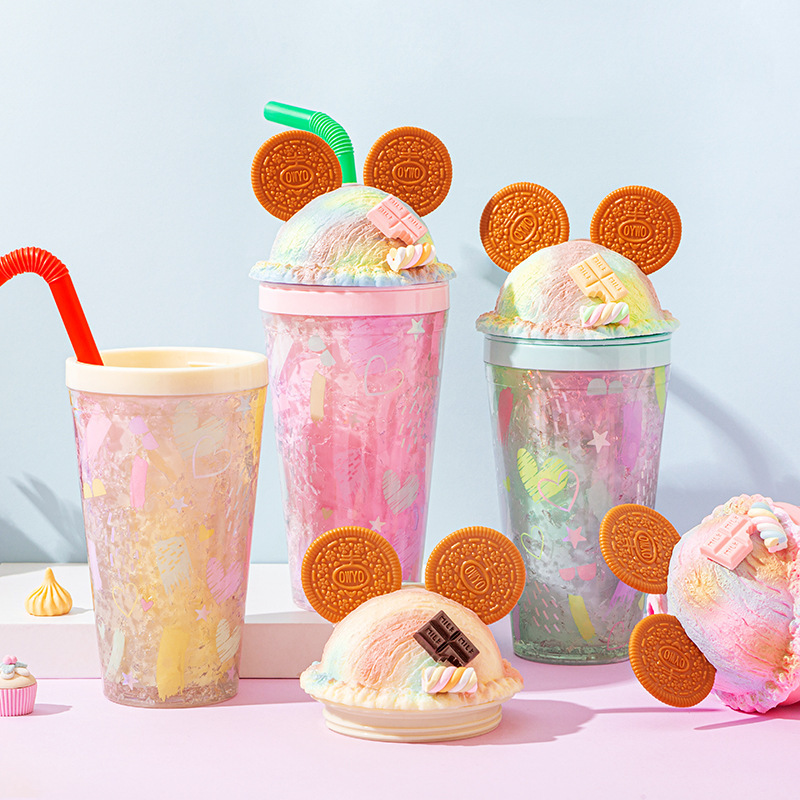 Mickey Ice Cup Summer Creative and cute gradient color water cup Plastic double-layer portable home and office straw cup details Picture