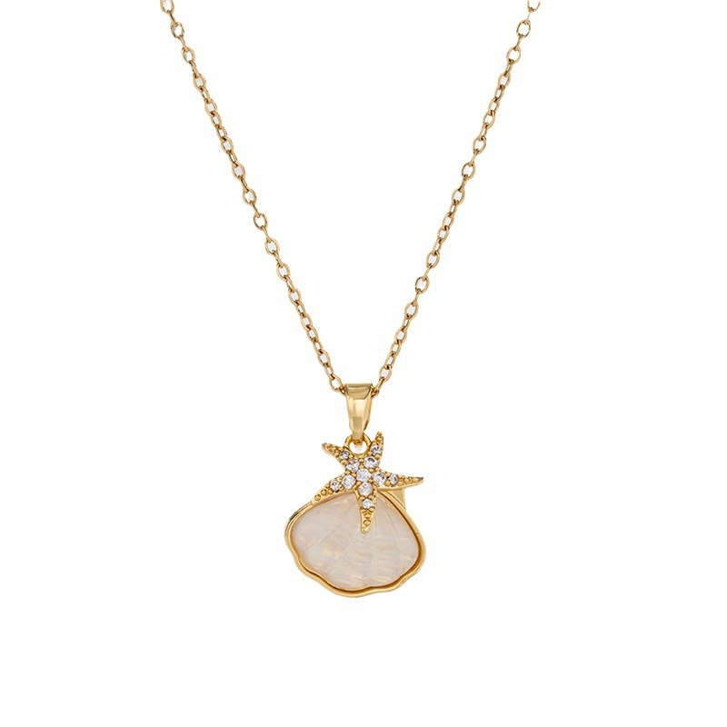 A genuine gold electroplated starfish shell titanium steel necklace for women, inlaid with Marine plates, zircon pendant, internet-famous style collarbone chain Item Picture