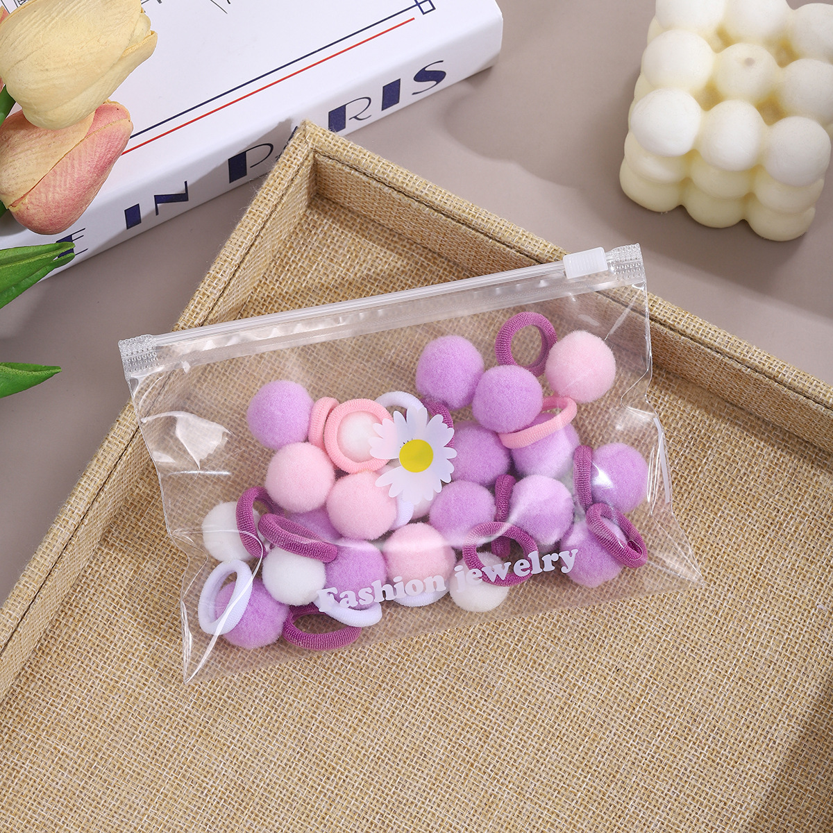 Children's candy-colored bun hair tie set, baby sweet style bag set, mini high-elasticity hair tie, elastic band and hair accessory Specification drawing