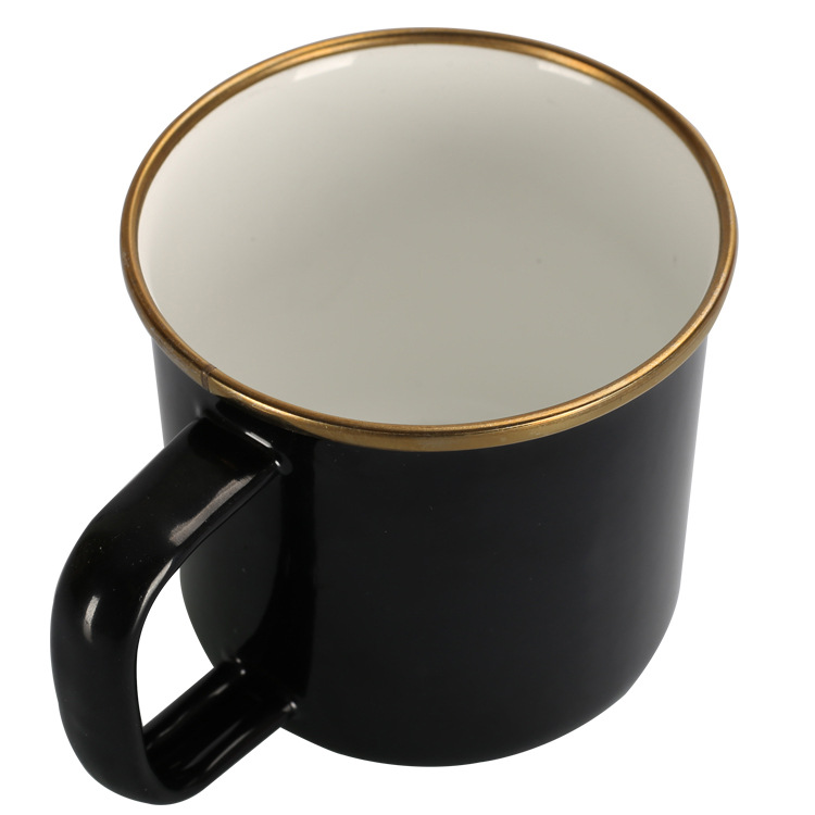 400ml 9cm stainless steel edge enamel cup in stock. Black enamel coffee cup, retro and simple details Picture