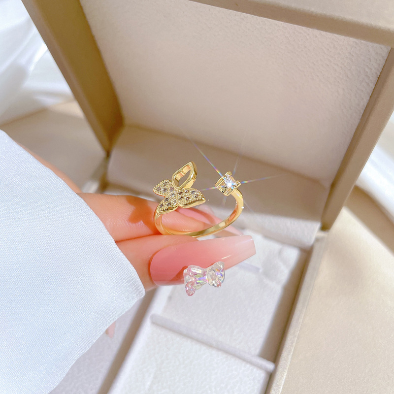 【 Real Gold 】 Hollow butterfly Full diamond ring with adjustable opening, simple Japanese-style ring couple rings details Picture