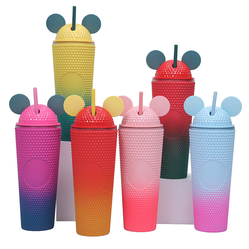 New cross-border Amazon double-layer plastic straw cup, gradient color creative water cup, portable cat ear cap durian cup Item Picture