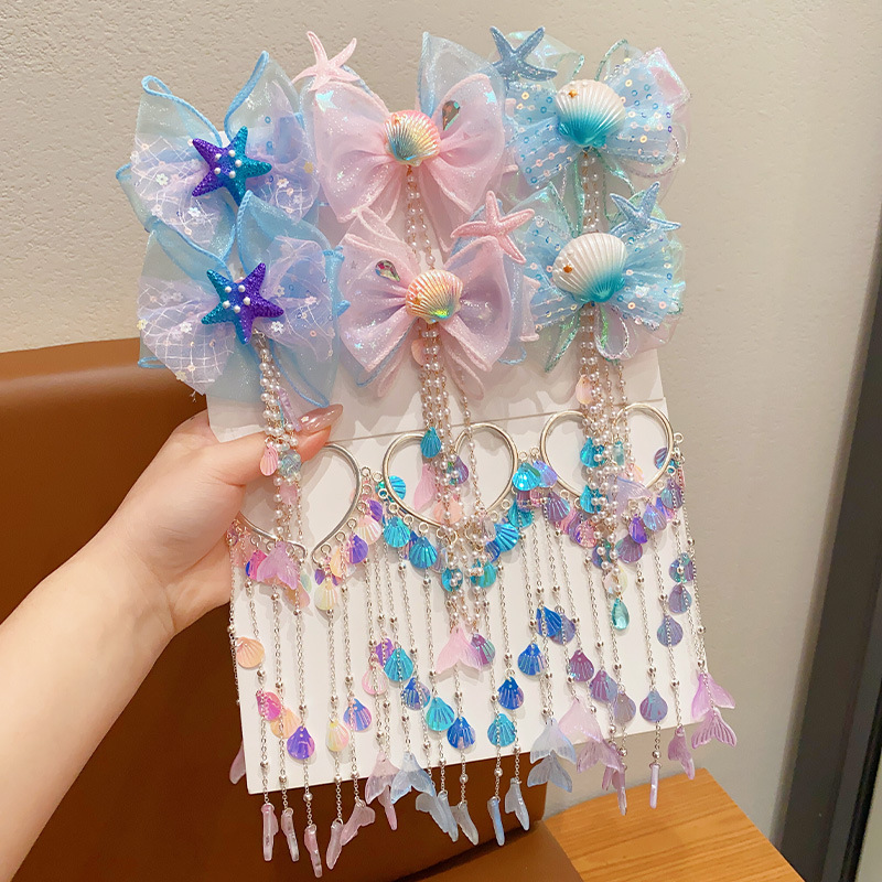 Children's mermaid pearl forehead chain, princess hairpin, high-end tassel bow hair accessory, butterfly shell ear pendant Specification drawing