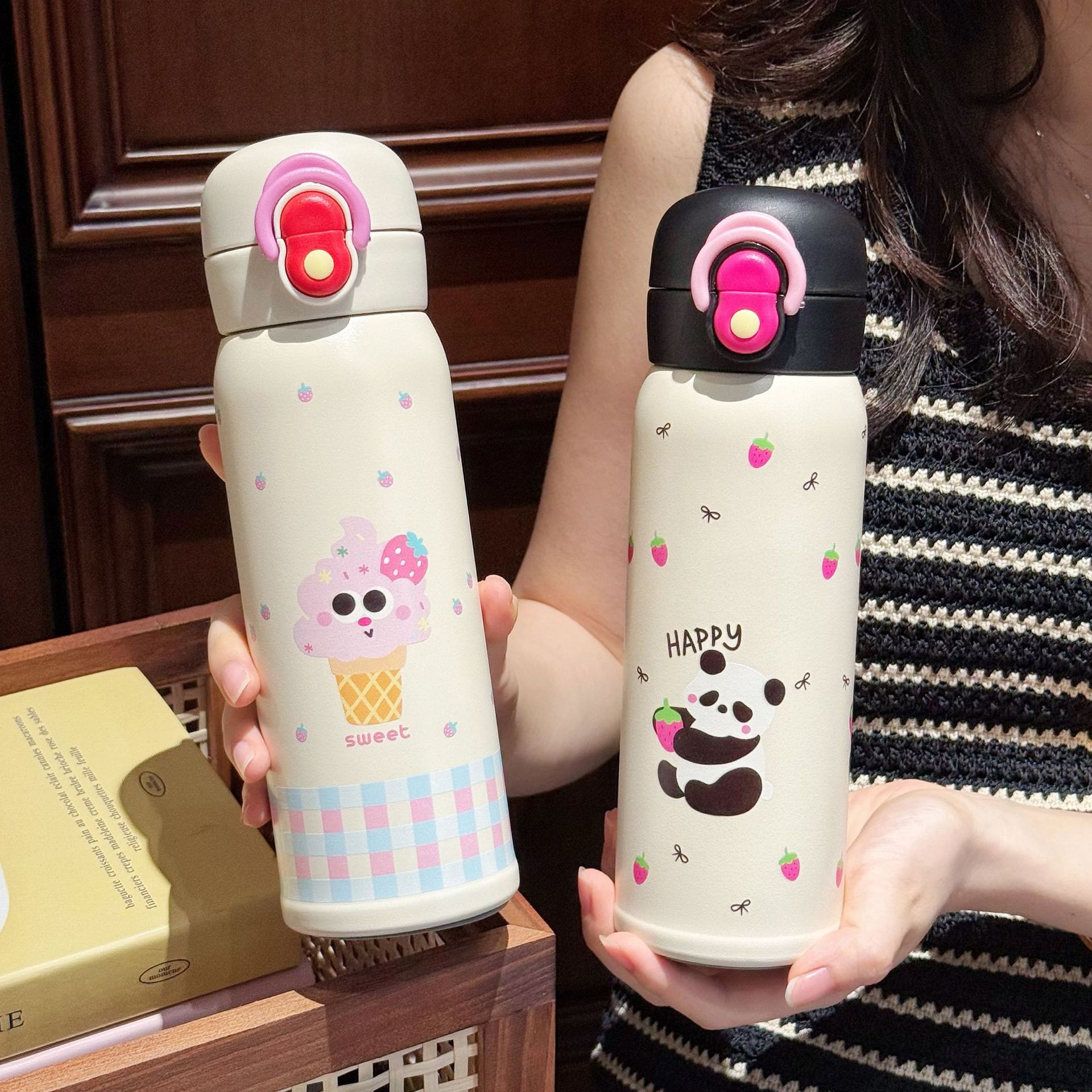 Cartoon double-drinking stainless steel water cup, student schoolbag side pocket insulated cup, portable stainless steel straw cup for girls Specification drawing