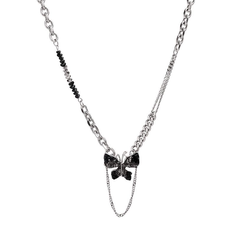 Black butterfly Zircon hoodie necklace for women, 2023 new trendy collarbone chain, niche style, internet-famous sweater chain Item Picture