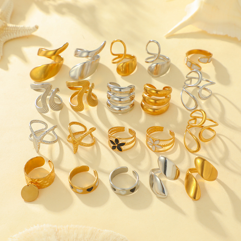 European and American cross-border simple oil-dripping irregular ring, women's non-fading 18k gold irregular-shaped opening stainless steel ring details Picture