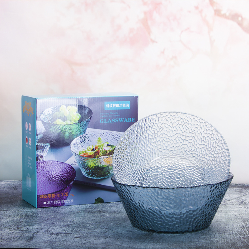 Factory-customized kitchen glass salad bowls, cooking bowls, hammer-patterned salad bowls, hammer-patterned glass, large glass salad Application Scenario