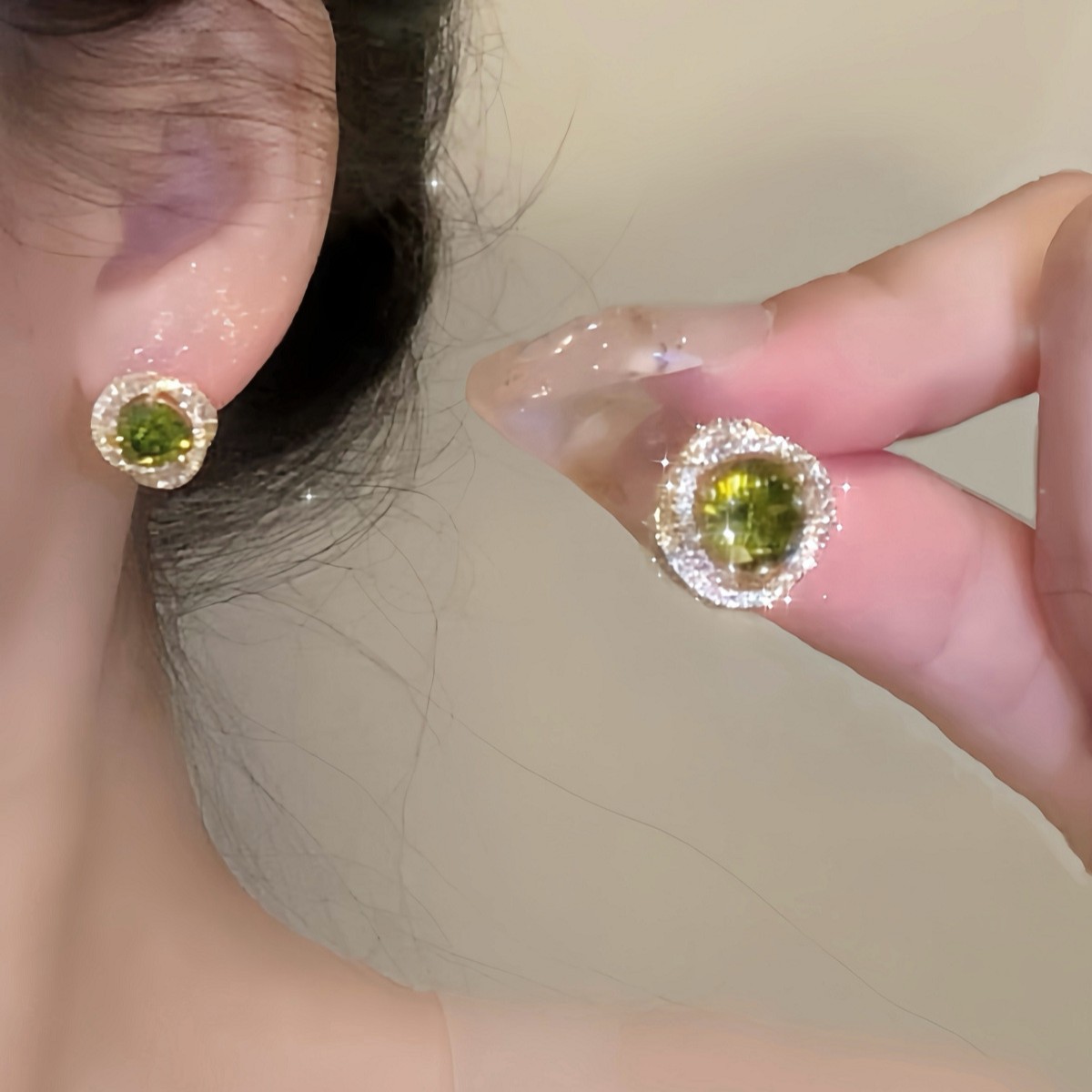 Olive green zircon entwined earrings for women, light luxury, niche and high-end style, ear studs without ear holes, mosquito repellent coil ear clips for women full figure