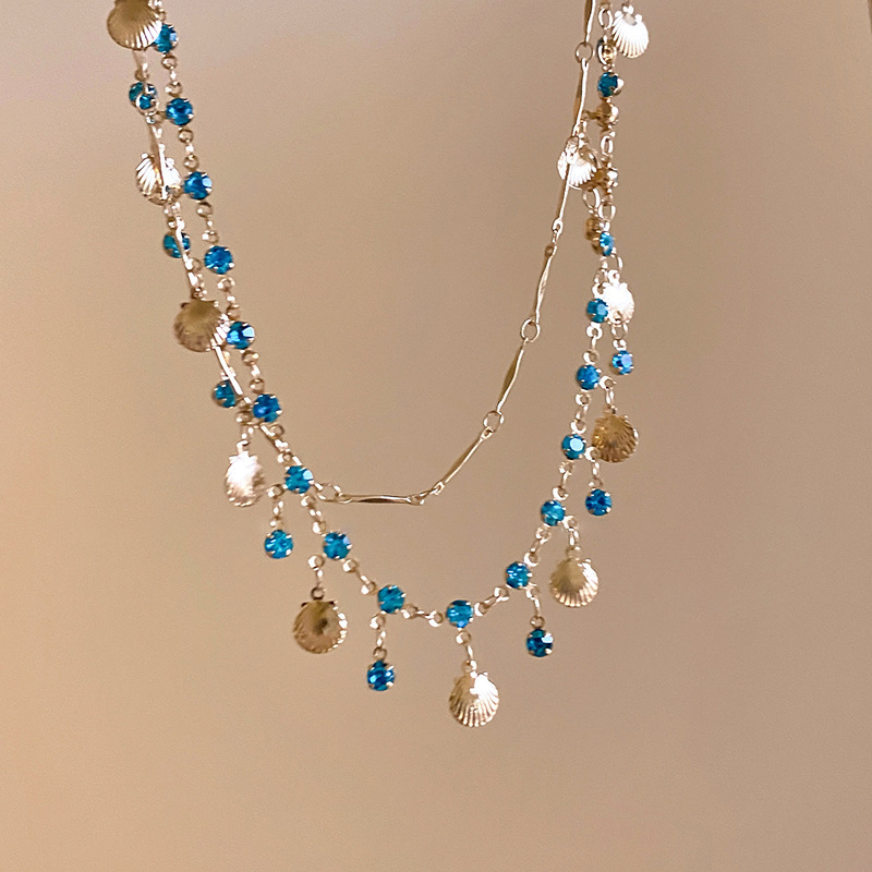 Blue Love ~ Super Shiny Double-Layer Shell bracelet, Summer high-end style, Layered collarbone chain, fashionable and versatile design Specification drawing