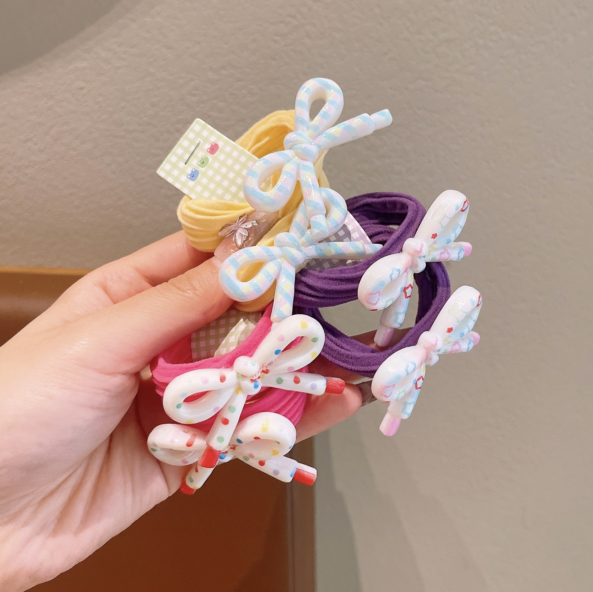 Korean-style children's cream candy-colored basic printed resin bow hair band, solid color hair tie for girls and parents details Picture