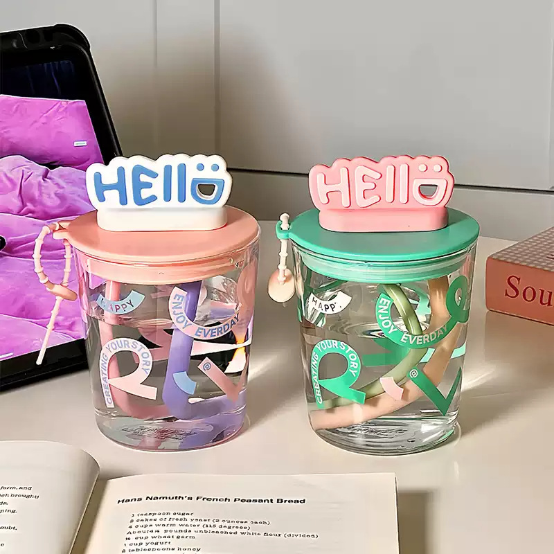New ins glass water cup for girls, compact and mini, high appearance level in summer, heat-resistant, office double straw cup full figure