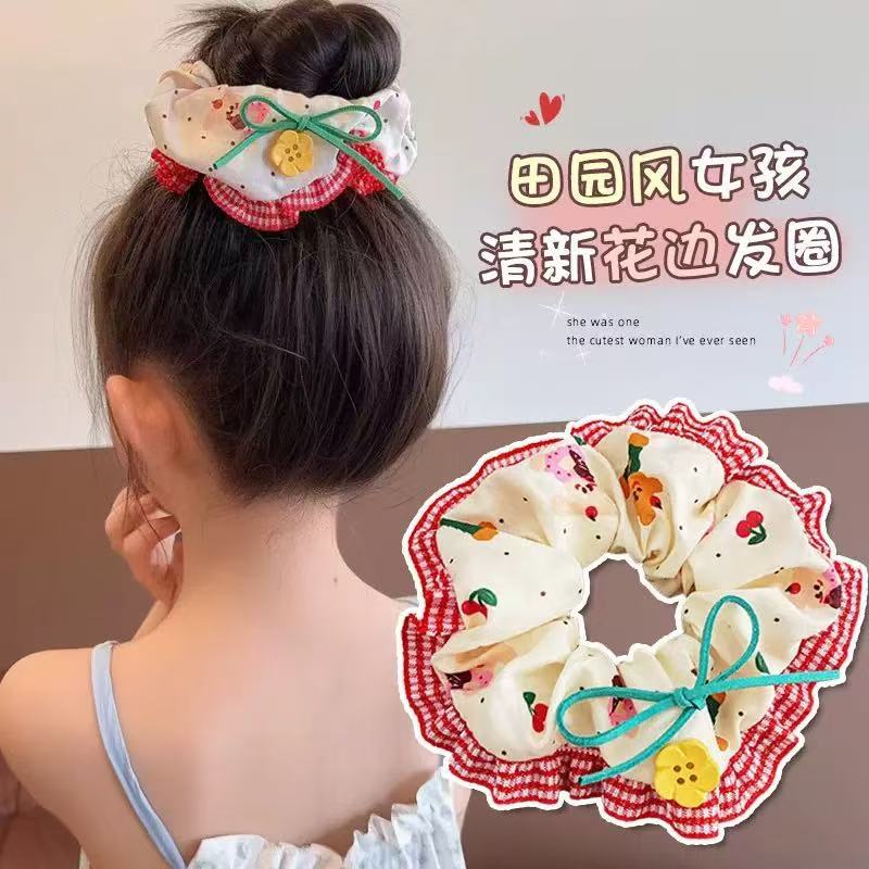 Forest-style lace-trimmed pig intestine hair band for women, 2025 new style hair tie with leather band, summer fat intestine hair band and headwear Specification drawing