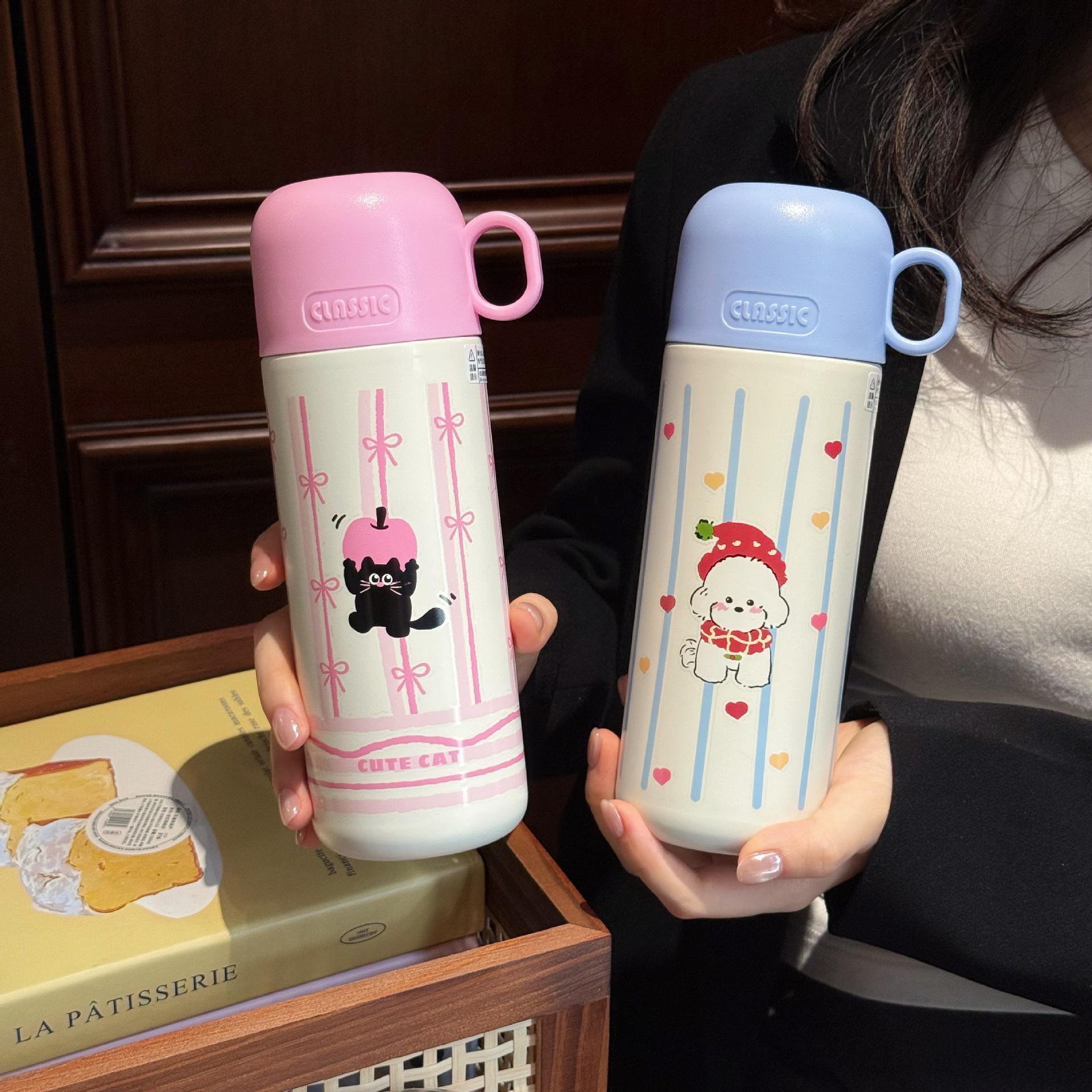 Cartoon three-drink insulated cup, portable and cute student straw cup for girls, stainless steel school travel cup gift full figure