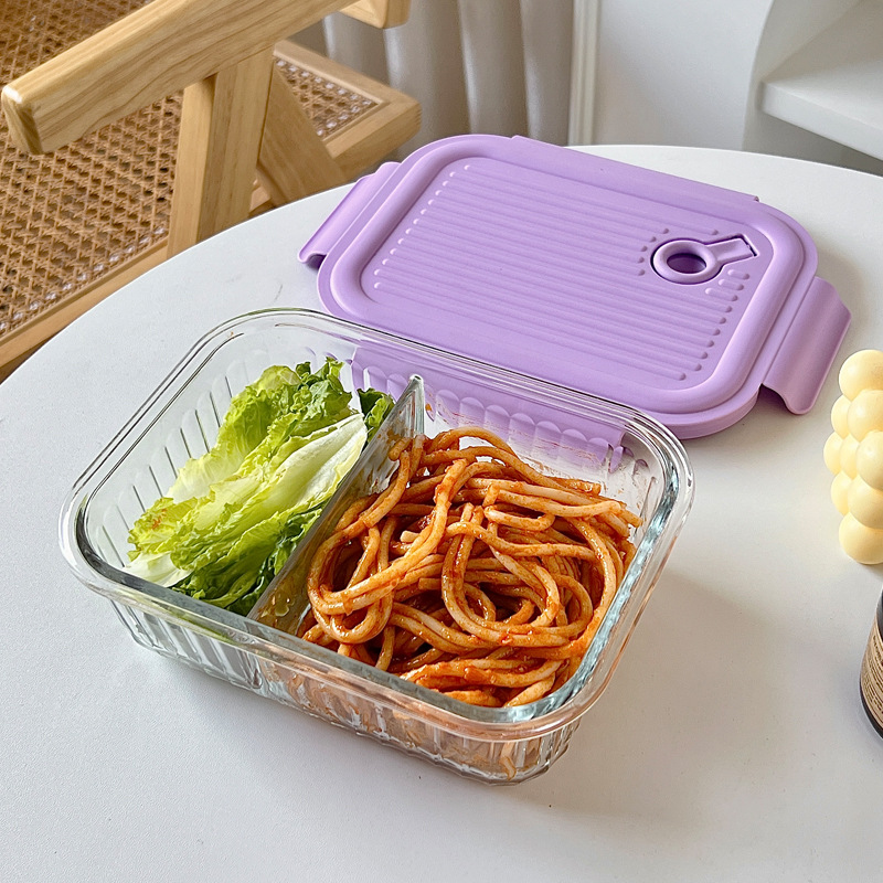 Wholesale of Bolimei purple InS-style high borosilicate glass lunch boxes, microwave oven divider rice lunch boxes, and fresh-keeping bowls Application Scenario