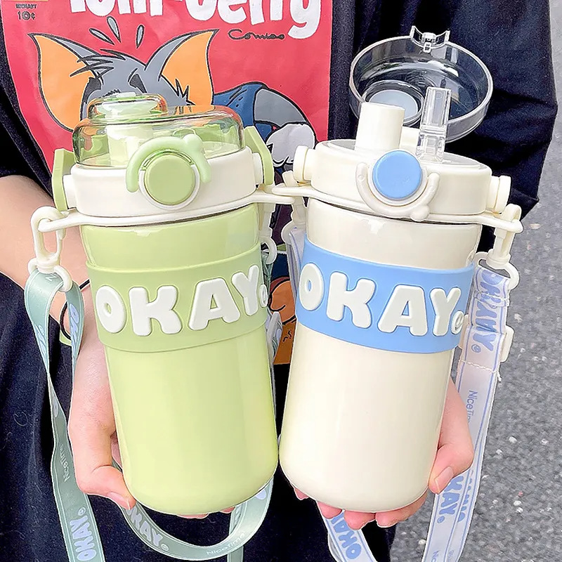 Simple insulated cup, student high appearance level, slanted double-drinking straw cup, portable ins fashion gift, stainless steel water cup Specification drawing