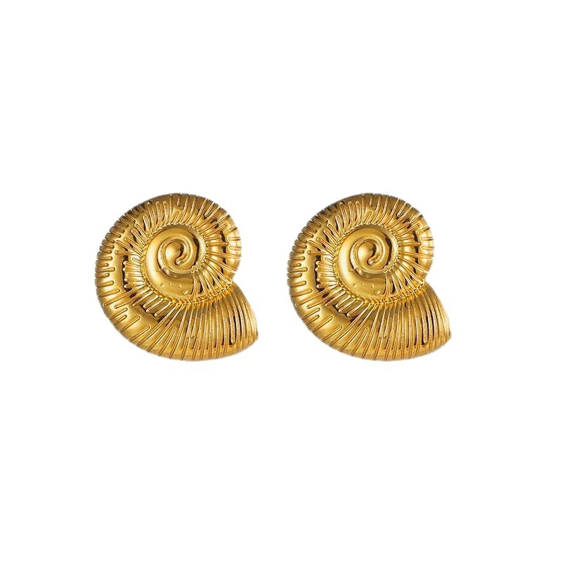 Instags-style European and American titanium steel plated with 18k gold water drop texture spiral stud earrings, asymmetrical color-preserving stainless steel earrings for women Item Picture