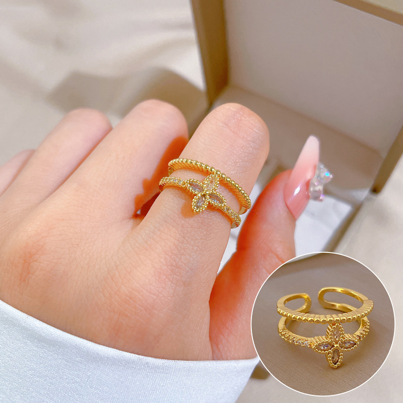 【 Real gold electroplating 】 Open double-layer women's fashion micro-inlaid light luxury ring index finger ring, the same style as Internet celebrities, cold style full figure