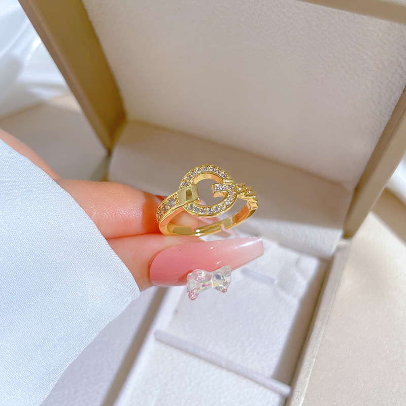 【 Real Gold 】 Chain G-shaped full diamond ring with adjustable opening, simple Japanese-style bracelet, couple rings details Picture