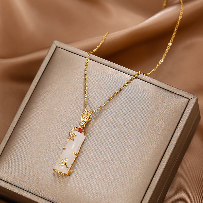 White jade imitation 18k gold-plated simple bamboo joint pendant titanium steel necklace, women's Instagram personality continuous promotion blessing necklace full figure