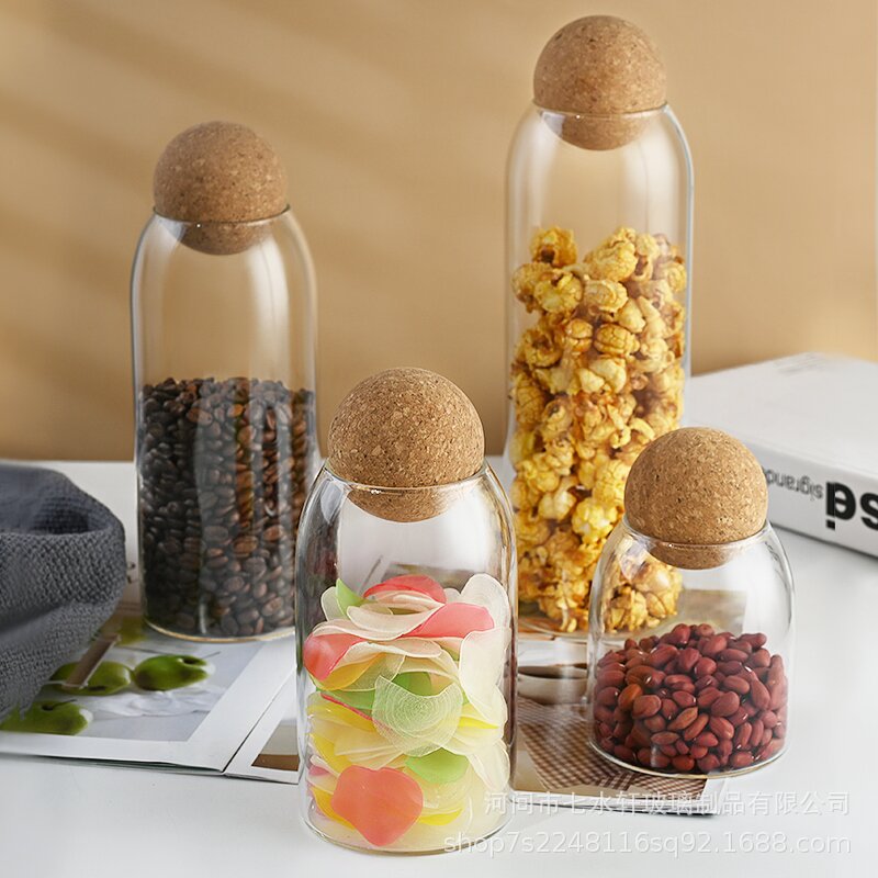 Transparent glass round ball sealed jar, coffee bean household sealed storage jar, ball lid storage bottle, cork tea can full figure