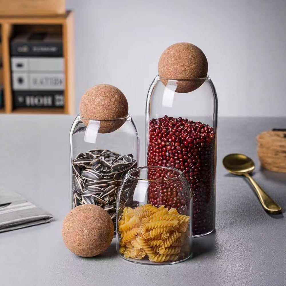 Round wood ball high-temperature resistant glass storage jar, tea sealed jar, high borosilicate transparent household moisture-proof grain storage bottle details Picture