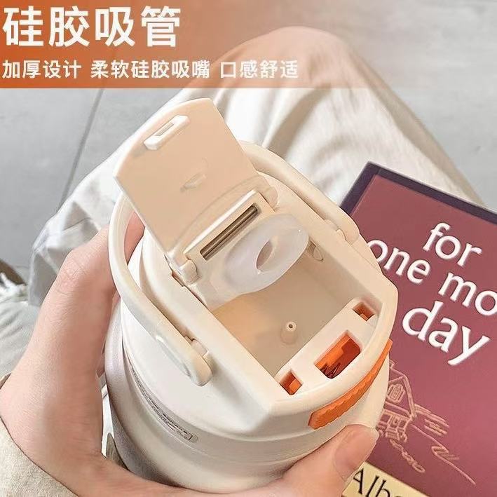 Cross-border modern and simple handle straw insulated cup, 304 stainless steel water cup, high appearance level, large capacity, convenient for adults details Picture