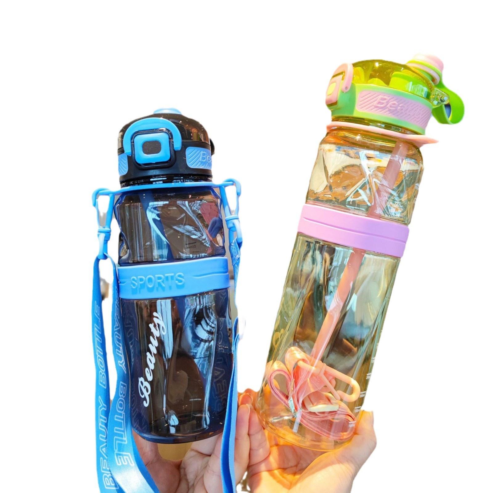 Double-sipped water cup, straw, high appearance level, creative outdoor shoulder strap, plastic cup, space cup, outdoor fitness sports water bottle Item Picture