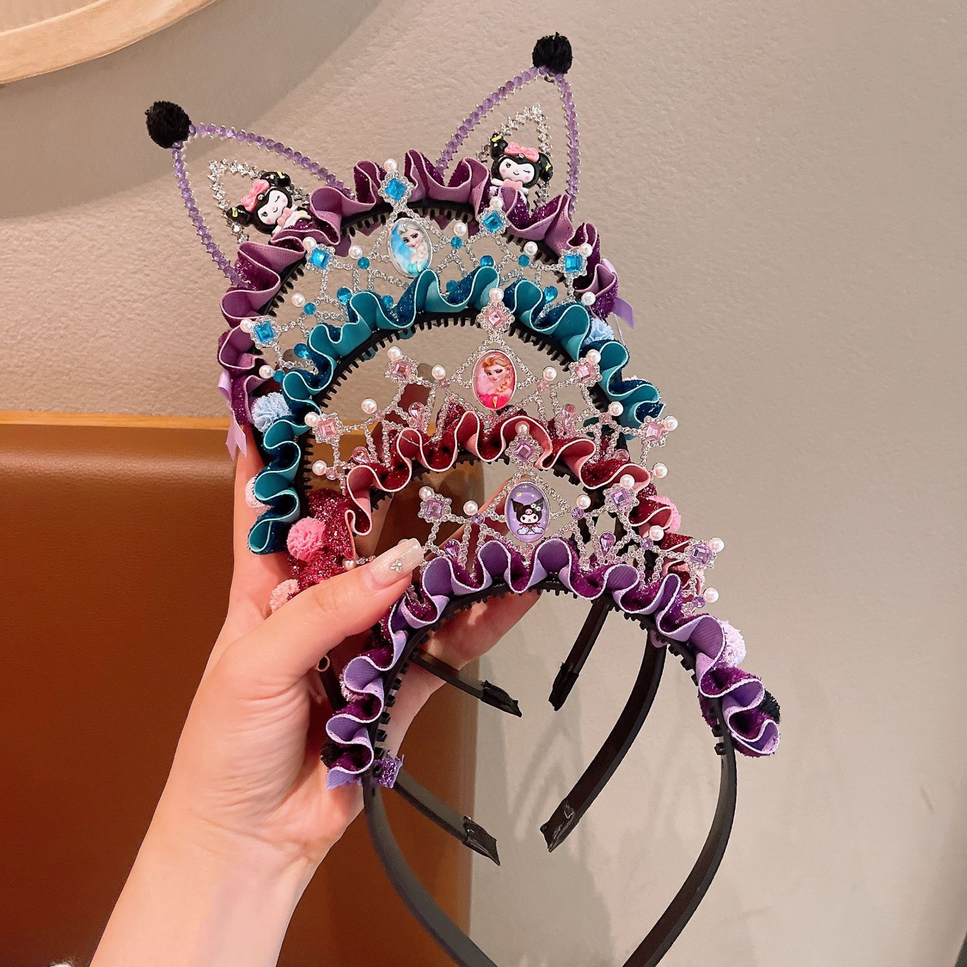 Kuromi Children's hair band Cartoon crown headwear Elsa Princess headband Purple mesh Little Girl hair accessory full figure