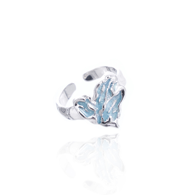 Irregular-textured pleated heart-shaped sea blue glazed open ring for women, a niche design with a cold and simple style Item Picture