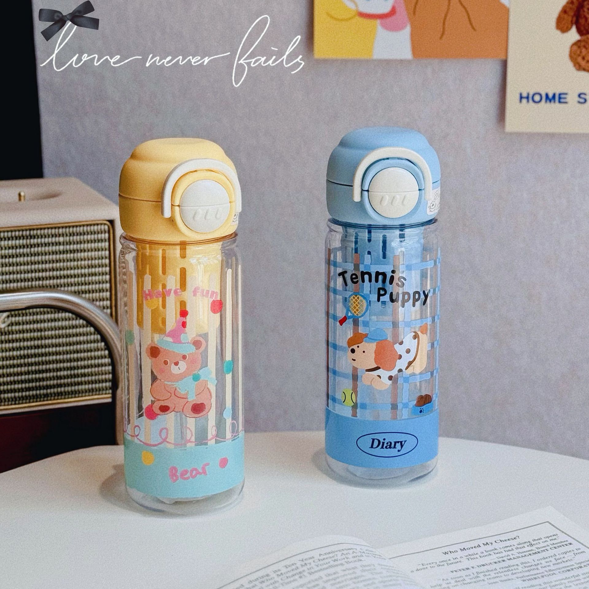Cartoon cute girls' water cup, high appearance level, double-drinking summer straw cup, student-specific side pocket, new plastic cup full figure