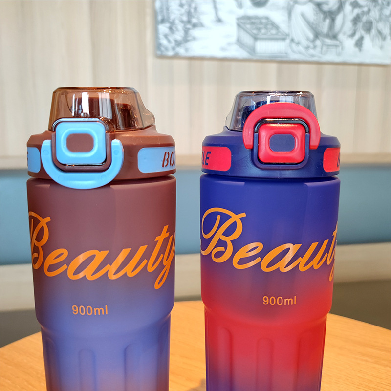 Wholesale high-quality double-drinking plastic cups, portable handles, sports water bottles, gradient color water bottles, 900ml, cross-border e-commerce Specification drawing
