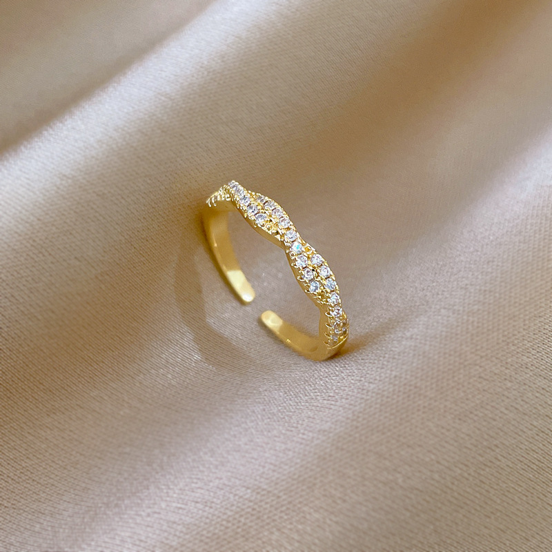 【 Real Gold 】 Cross-twisted full diamond ring with adjustable opening, simple Japanese-style bracelet, couple rings Specification drawing