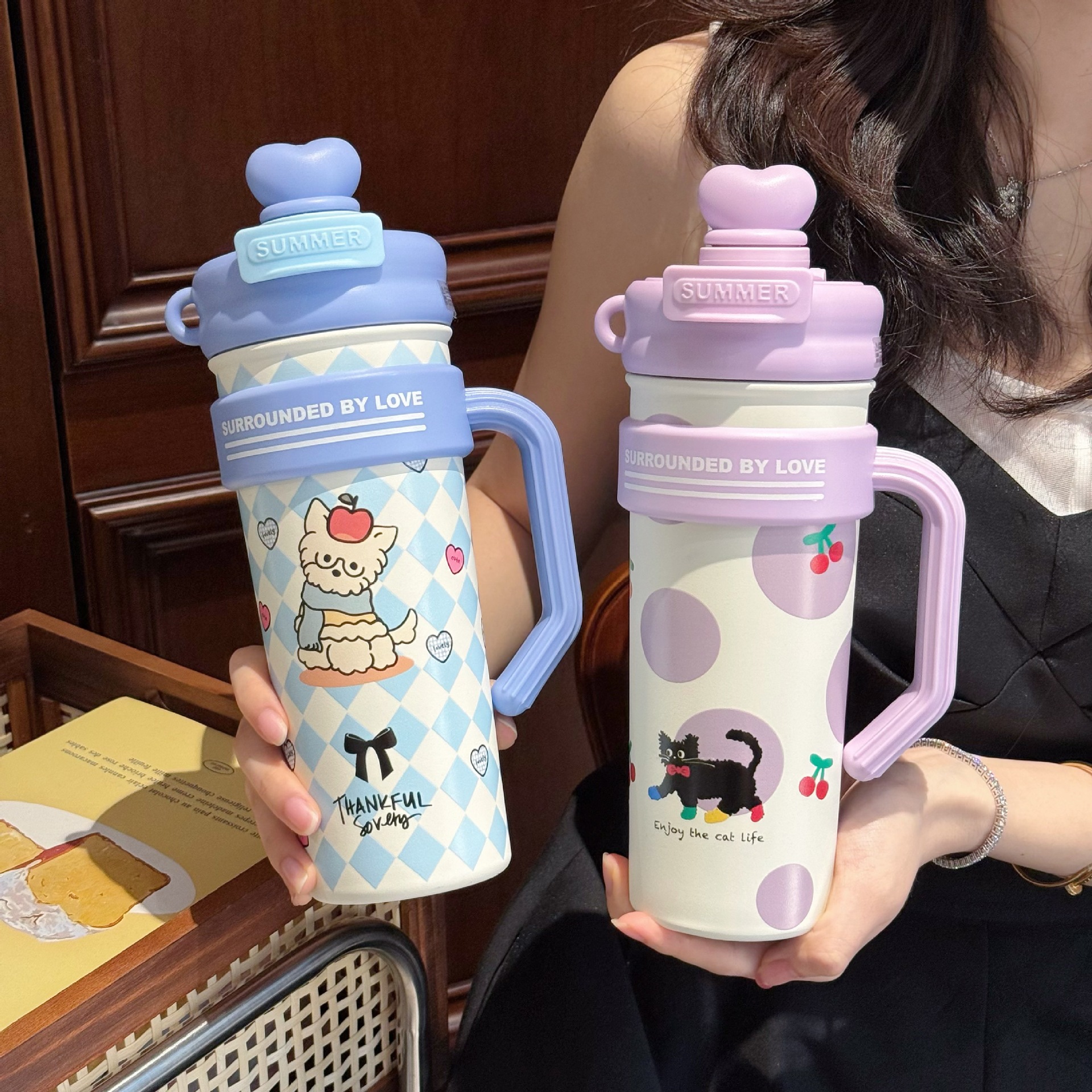 New large-capacity ice cup, high-appearation-level stainless steel cold water cup, double-drinking tea brewing with handle, girls' insulated cup full figure