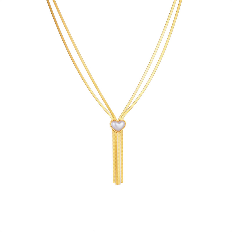 European and American fashion, individual, retro chain, tassel, pearl heart accessory, titanium steel gold-plated multi-layer necklace Item Picture